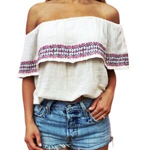 Billabong Off The Shoulder Embroidered Boho Crop Top White Size S P boho beach